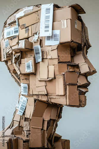 Wallpaper Mural Sculpture of a Human Head Assembled from Recycled Amazon Packages, Highlighting Creative Upcycling, Sustainability, and Modern Artistic Design Torontodigital.ca