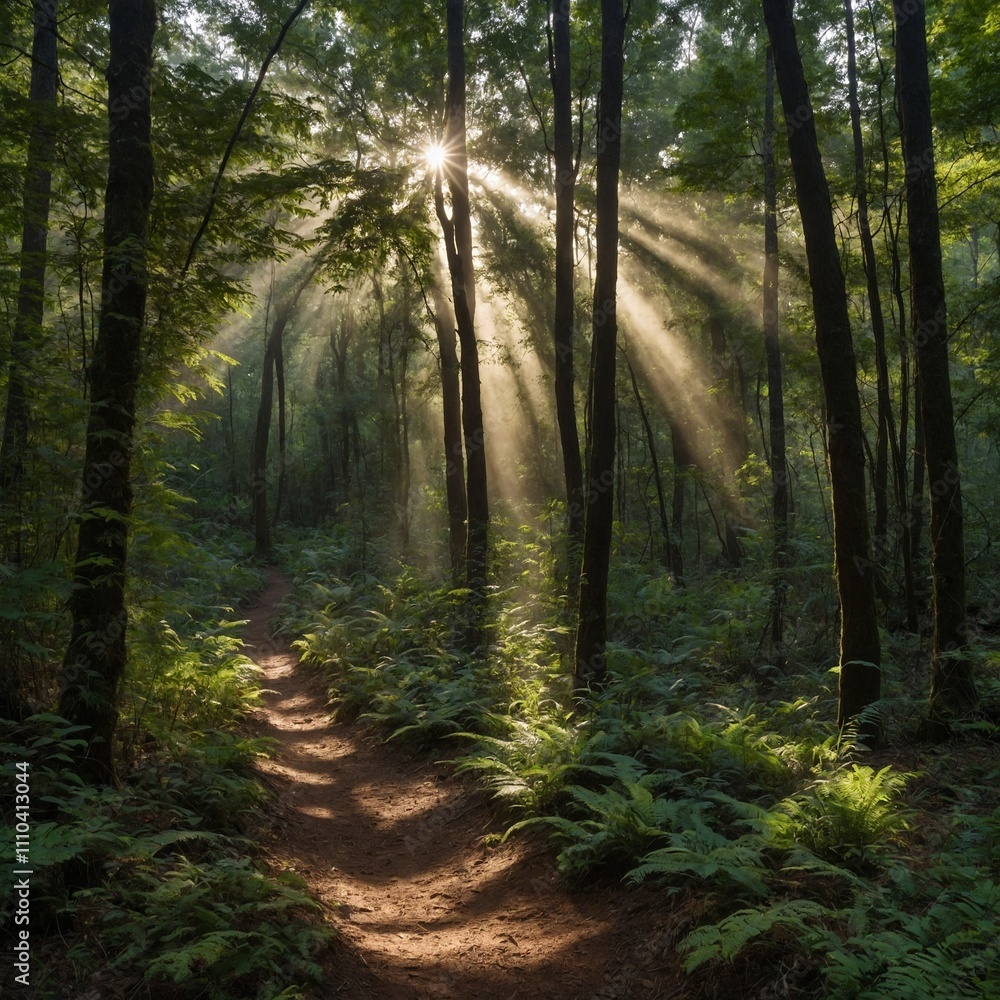 Fototapeta premium A dense forest with a narrow dirt path and sunbeams piercing through the canopy.