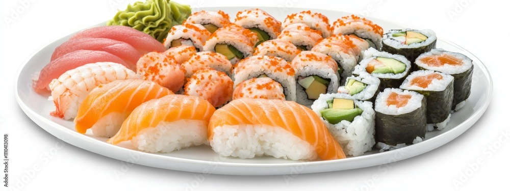 A platter of assorted sushi rolls with salmon, avocado, and crab A platter of assorted sushi rolls with salmon, avocado, and crab