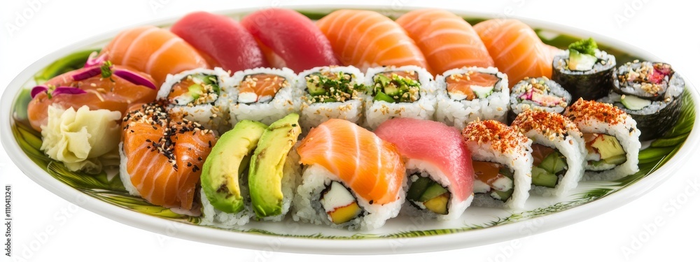 A platter of assorted sushi rolls with salmon, tuna, and avocado A platter of assorted sushi rolls with salmon, tuna, and avocado