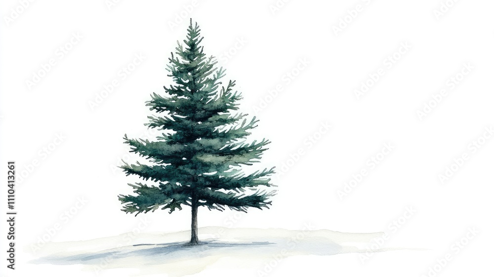 A lonely pine tree painted in serene watercolor shades, standing isolated on a white, empty background A lonely pine tree painted in serene watercolor shades, standing isolated on a white, empty background