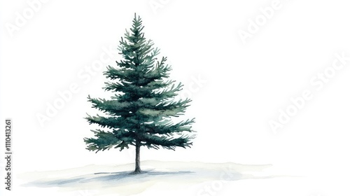 A lonely pine tree painted in serene watercolor shades, standing isolated on a white, empty background