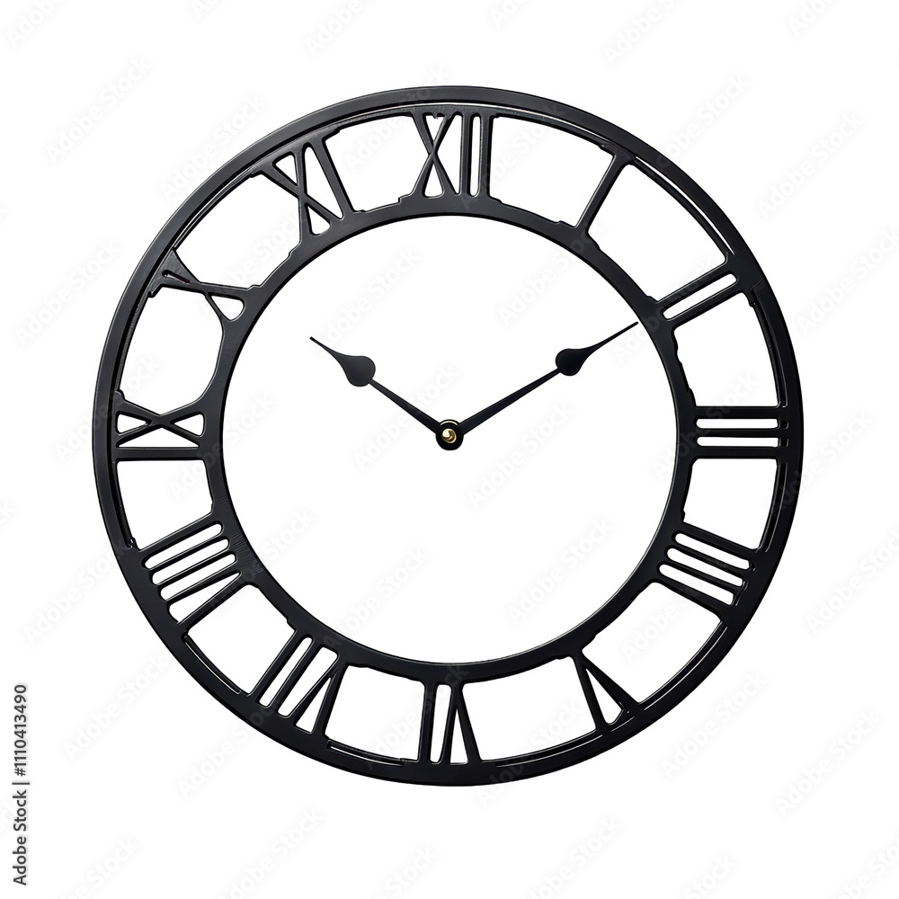 Sleek black wall clock with Roman numerals and minimalist design. Perfect for modern decor. isolated on transparent background Sleek black wall clock with Roman numerals and minimalist design. Perfect for modern decor. isolated on transparent background