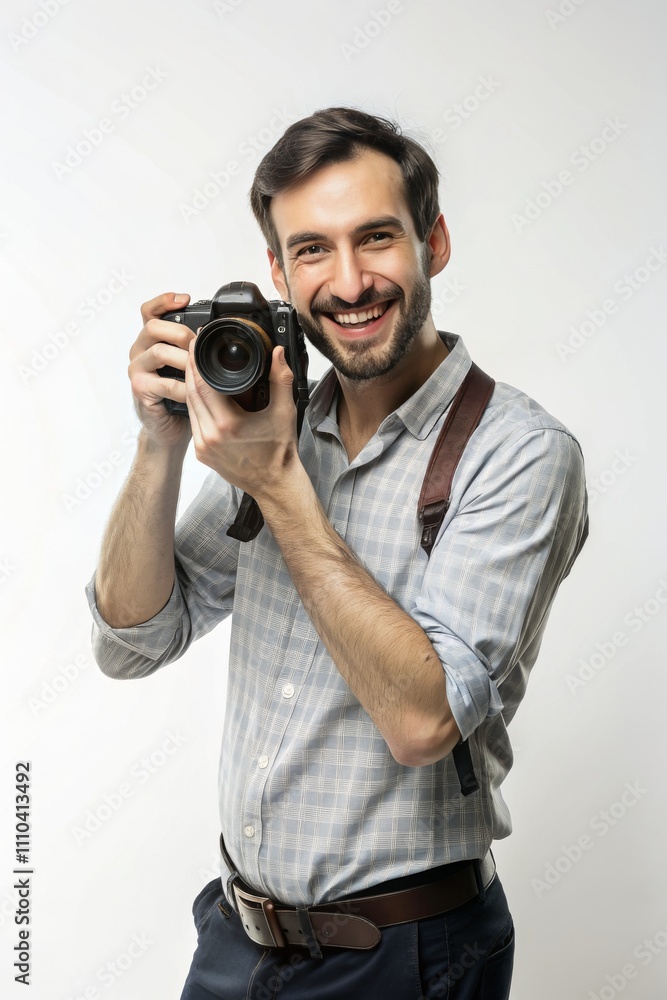 Obraz premium Portrait of a happy, smiling photographer with a camera.