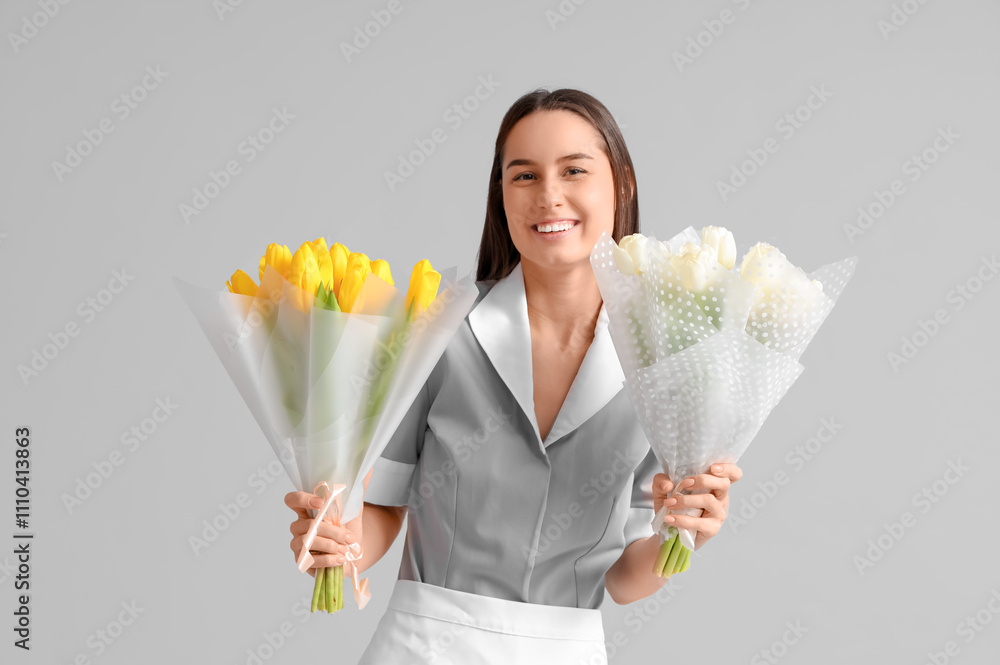 Young chambermaid with bouquets of tulips on light background. International Women's Day Young chambermaid with bouquets of tulips on light background. International Women's Day