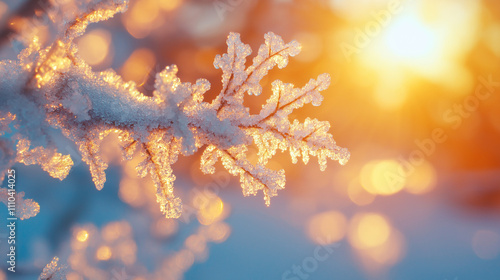  close-up of frosted branches in sunlight. Soft, warm colors photo