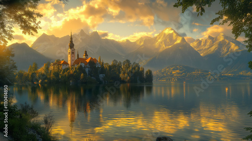 lake island castle with a church, surrounded by mountains and reflected in calm water, a golden sunrise photo