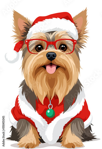 Yorkshire Terrier In Santa Costume Adorable Funny Christmas Holiday Pet Illustration photo