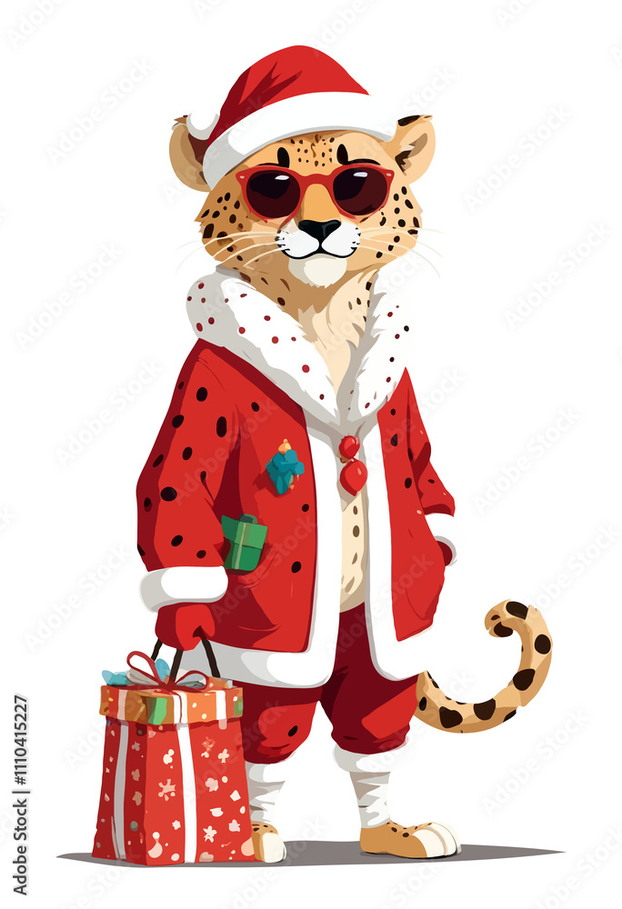 Obraz premium Panther In Santa Costume Adorable Funny Christmas Holiday Pet Illustration