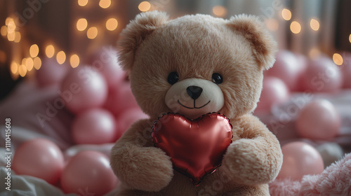 A cute teddy bear holding a heart-shaped balloon, surrounded by pink and red decorations, set against a festive Valentine’s Day backdrop.
