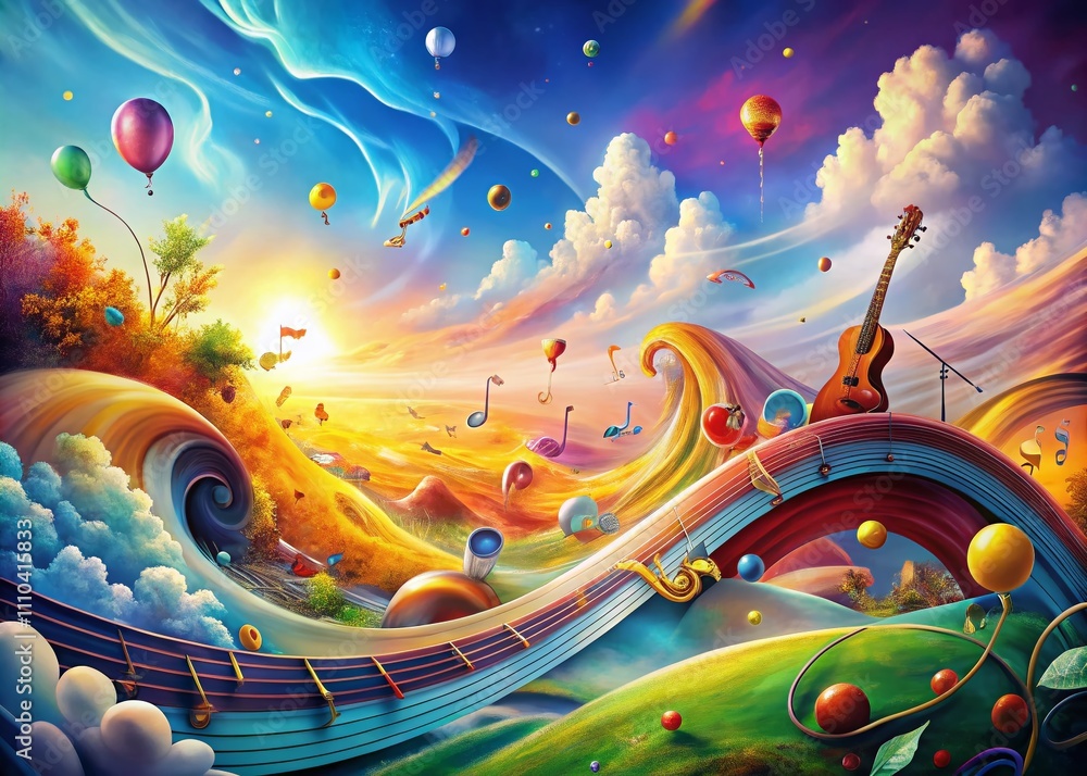 Obraz premium Surreal Representation of a Happy World Embracing Music with Vibrant Colors, Abstract Shapes, and Melodic Waves to Evoke Joy and Unity in a Dreamlike Landscape