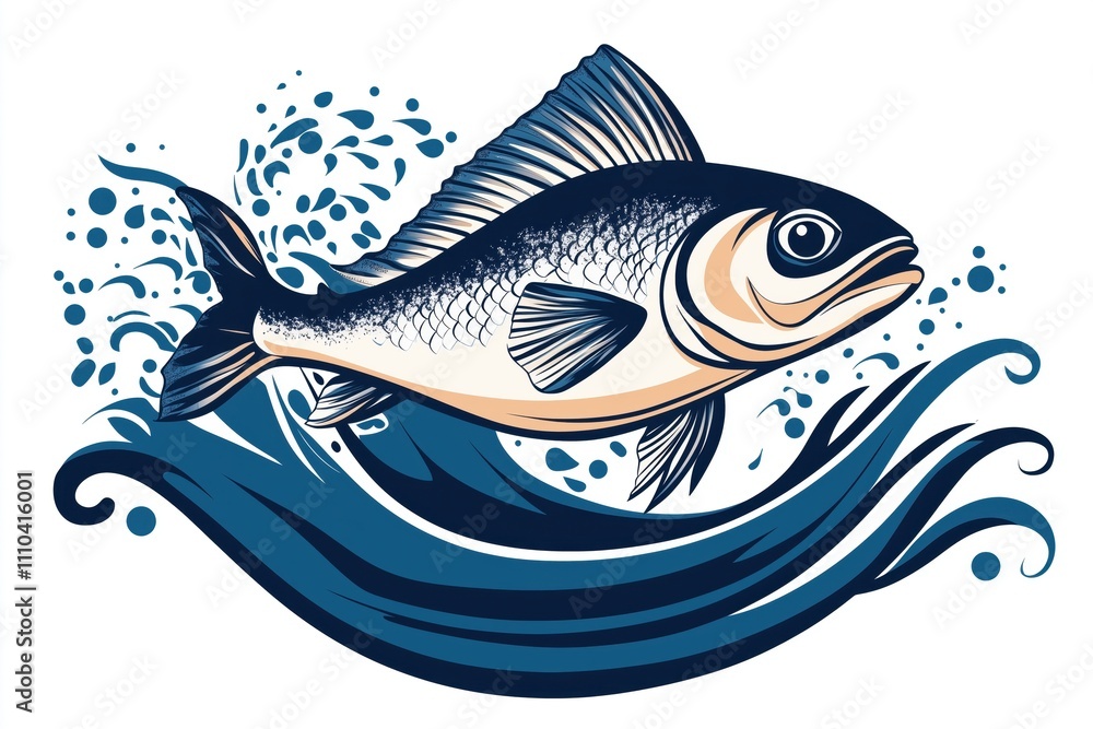 Fish on a blue wave. Symbol for fishing and seafood Fish on a blue wave. Symbol for fishing and seafood