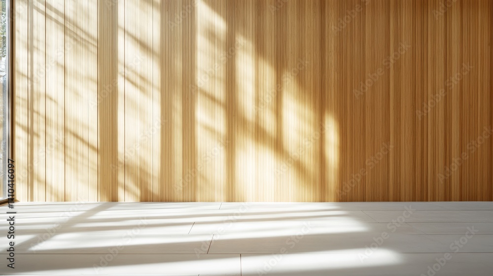 A serene interior space featuring wooden walls and natural light casting shadows.
