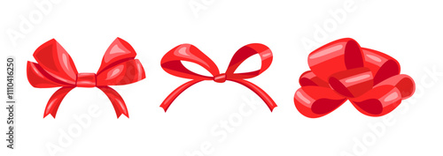 Red satin ribbon bows. Set of vector cartoon flat illustrations.