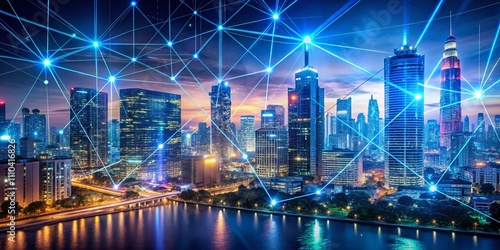 Wallpaper Mural Surreal Smart City: A Fusion of Big Data and Connection Technology in an Urban Landscape with Futuristic Architecture, Vibrant Colors, and Dynamic Light Effects Torontodigital.ca