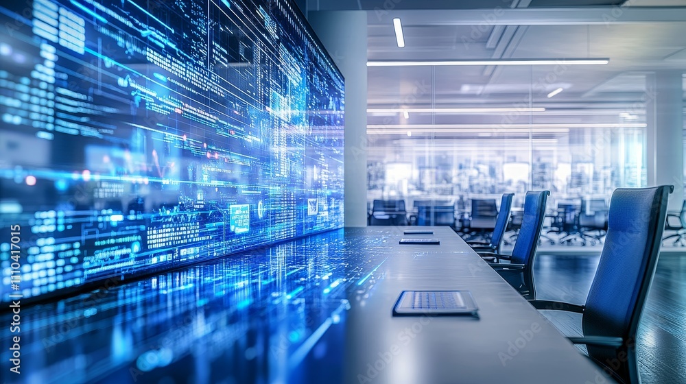 Modern office space with digital displays and empty chairs, emphasizing technology and collaboration. Modern office space with digital displays and empty chairs, emphasizing technology and collaboration.