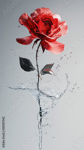 Striking Red Rose with Water Splashes and Reflections in an Artistic Composition, Emphasizing Elegance, Passion, and Vibrant Beauty photo