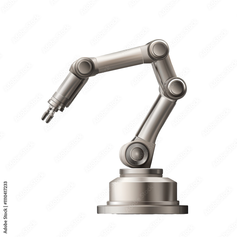Robotic arm with metallic finish, designed for precision tasks in automation isolated on transparent background Robotic arm with metallic finish, designed for precision tasks in automation isolated on transparent background