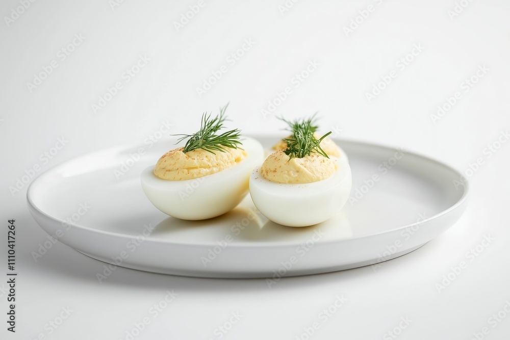 Boiled egg dish decorated with fresh herbs, placed on a plate Boiled egg dish decorated with fresh herbs, placed on a plate