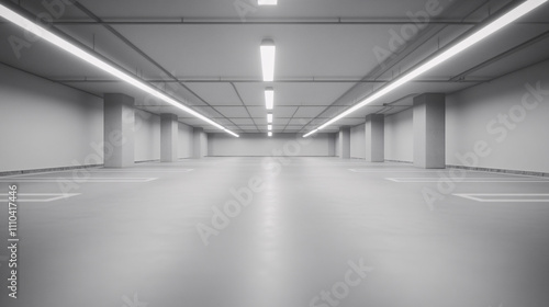 A clean, spacious parking garage with no vehicles, featuring smooth concrete flooring and bright fluorescent lights. The neatly painted parking lines create a sense of order, while the ceiling beams