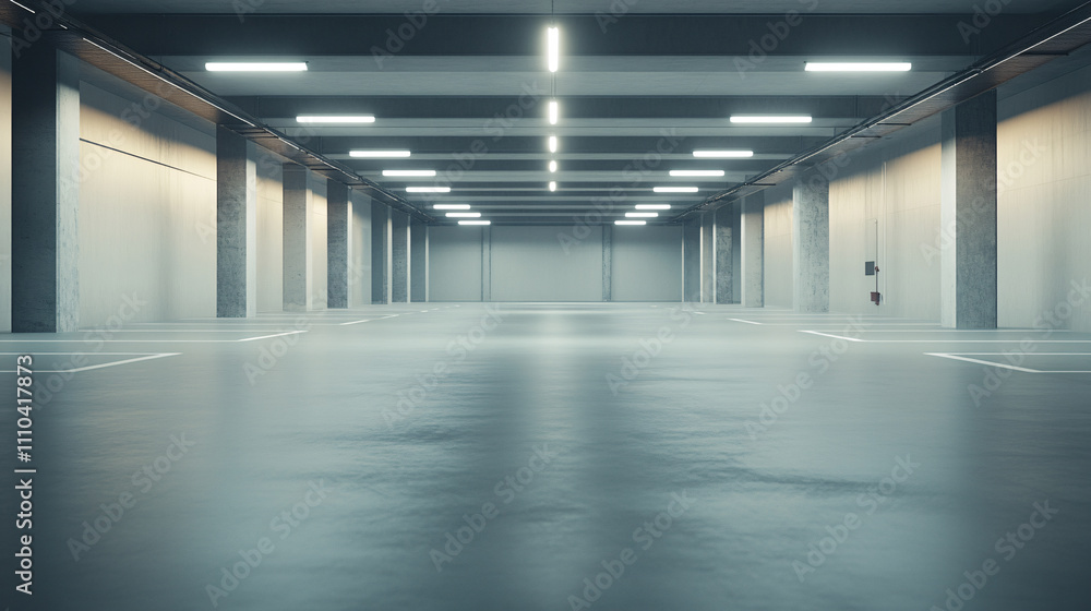 A large, empty car park bathed in uniform, cool-toned lighting. The concrete floor is spotless, with white parking lines stretching into the distance. Support pillars and ventilation ducts in the A large, empty car park bathed in uniform, cool-toned lighting. The concrete floor is spotless, with white parking lines stretching into the distance. Support pillars and ventilation ducts in the