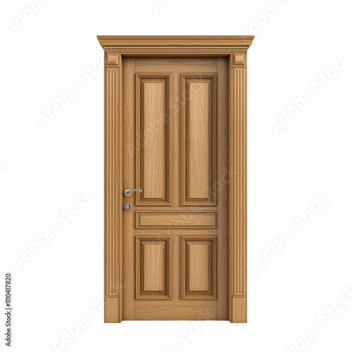 wooden door with classic design featuring detailed panels and sleek handle. Perfect for enhancing interior spaces. isolated on transparent background