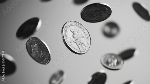 Coins Falling in Midair on a Plain Background