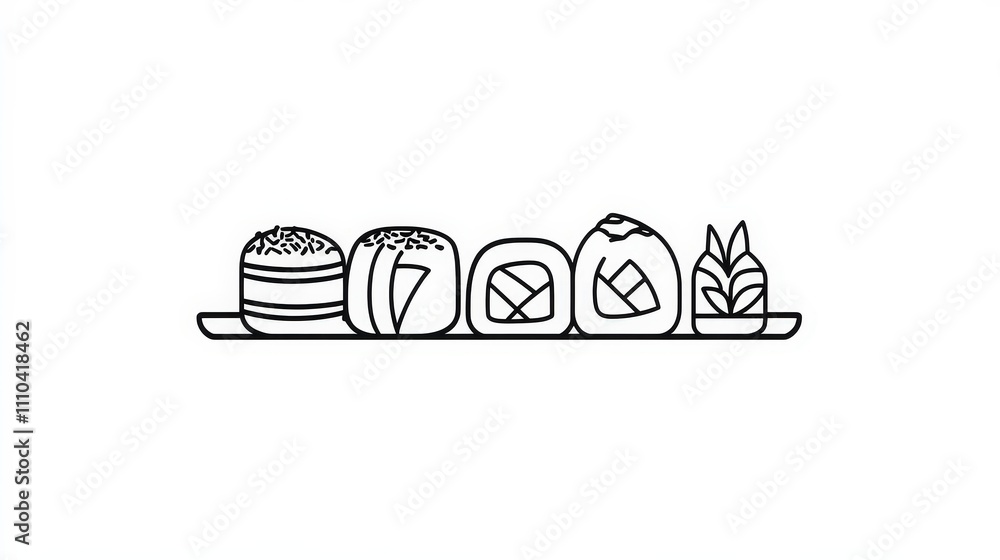 Line Art of Assorted Sushi on a Plate in Minimalist Style Line Art of Assorted Sushi on a Plate in Minimalist Style
