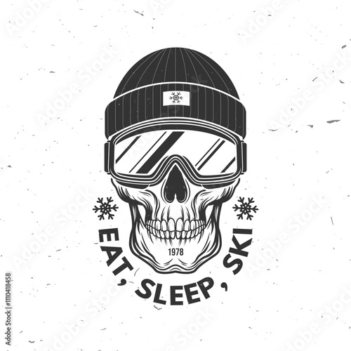 Ear, sleep, ski. Vector retro badge. Concept for shirt, print, seal or stamp with ski glasses, skull skeleton in winter sport hat. Family vacation, activity or travel. For logo design, patches