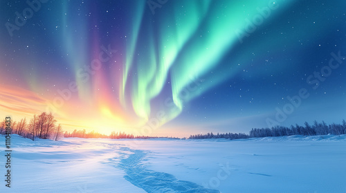 Radiant northern lights over frozen landscape at sunrise, vibrant and serene atmosphere