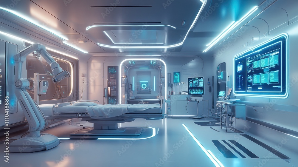 Futuristic operating room with robotic arm, digital displays, and sleek medical equipment. Futuristic operating room with robotic arm, digital displays, and sleek medical equipment.