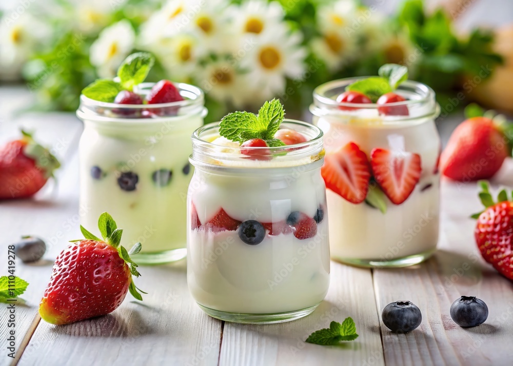 Three Portions of Homemade Fruit Yogurt in Jars on a White Table with Fresh Fruits, Garnish, and Selective Focus for a Delicious and Healthy Snack Idea Three Portions of Homemade Fruit Yogurt in Jars on a White Table with Fresh Fruits, Garnish, and Selective Focus for a Delicious and Healthy Snack Idea