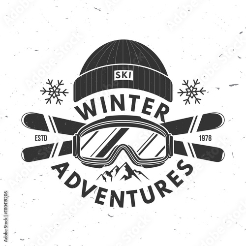 Winter adventures. Vector ski club retro badge. Concept for shirt, print, seal or stamp with mountain, ski glasses, winter sport hat. Family vacation, activity or travel. For logo design, patches