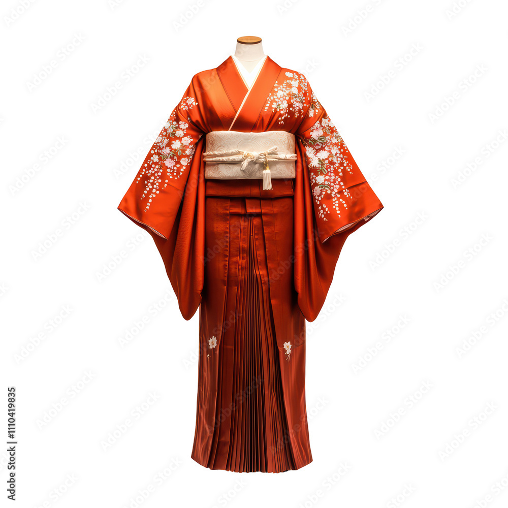 Elegant red kimono with floral patterns and pleated skirt, showcasing traditional Japanese attire. isolated on transparent background Elegant red kimono with floral patterns and pleated skirt, showcasing traditional Japanese attire. isolated on transparent background