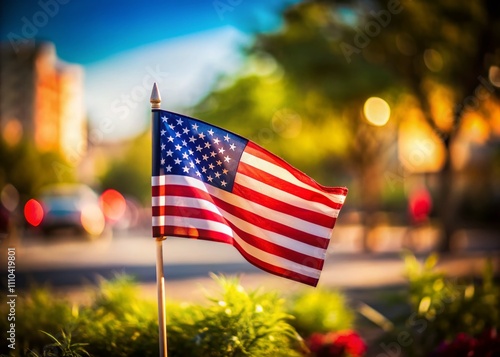 Tilt-Shift Photography of an American Flag Waving in the Wind, Capturing the Essence of Patriotism and Freedom in a Unique Perspective with Beautiful Blurred Background