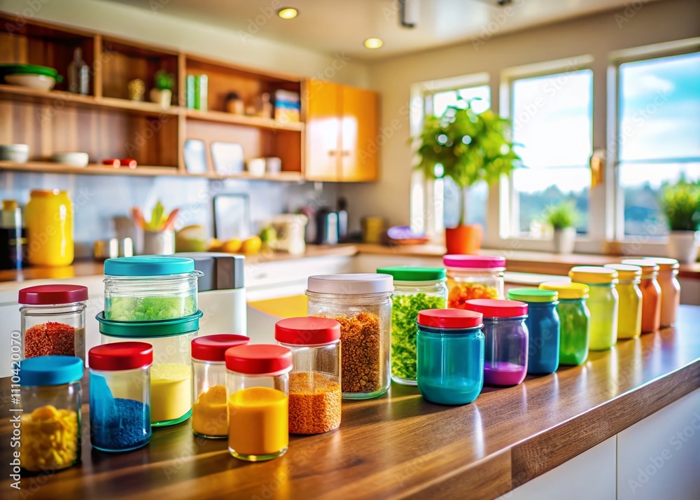 Tilt-Shift Photography of Colorful Plastic Jars in a Kitchen Setting with a Soft Focus Background, Showcasing Unique Shapes and Designs Perfect for Home Organization and Storage Solutions Tilt-Shift Photography of Colorful Plastic Jars in a Kitchen Setting with a Soft Focus Background, Showcasing Unique Shapes and Designs Perfect for Home Organization and Storage Solutions