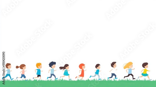 Colorful Illustration of Children Running on a Green Grass Field