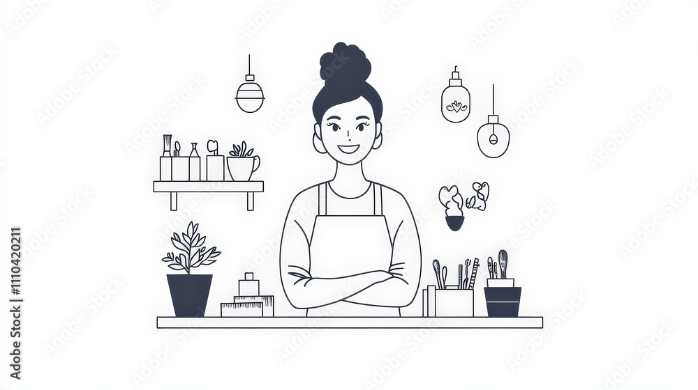 Fototapeta premium Smiling woman in apron standing behind a creative workspace table