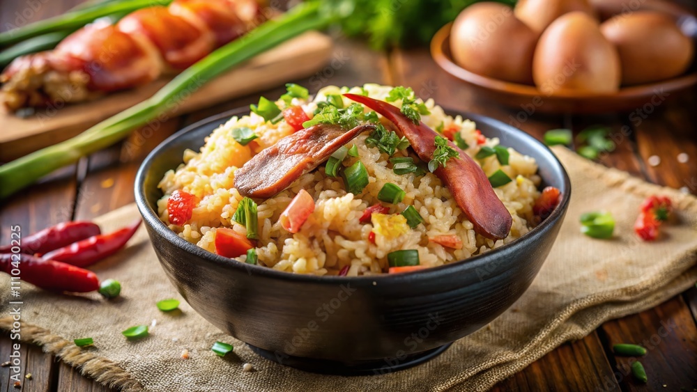 Tilt-Shift Photography of Delicious Fried Rice with Bacon and Crab Chops Served in a Vibrant Bowl Surrounded by Fresh Ingredients and Colorful Garnishes Tilt-Shift Photography of Delicious Fried Rice with Bacon and Crab Chops Served in a Vibrant Bowl Surrounded by Fresh Ingredients and Colorful Garnishes