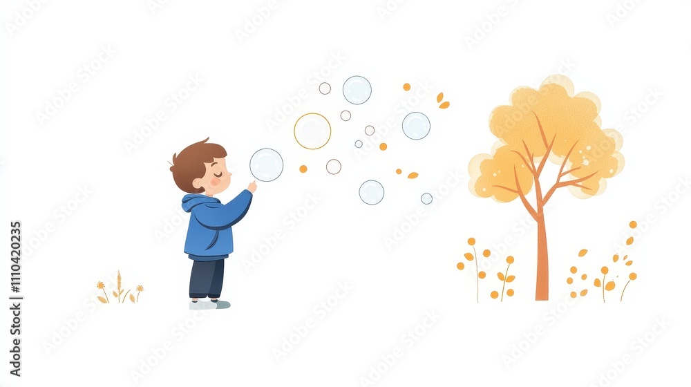 Boy Blowing Bubbles in Autumn Scene with Tree and Flowers Boy Blowing Bubbles in Autumn Scene with Tree and Flowers