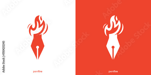 Creative Pen Fire Logo Design. Pen Writer and Fire Icon Graphic. Hot Writer Logo Design Template.