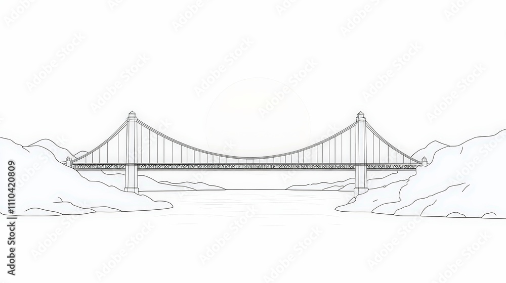 Outline of a Bridge Over Water Surrounded by Mountains and Hills Outline of a Bridge Over Water Surrounded by Mountains and Hills