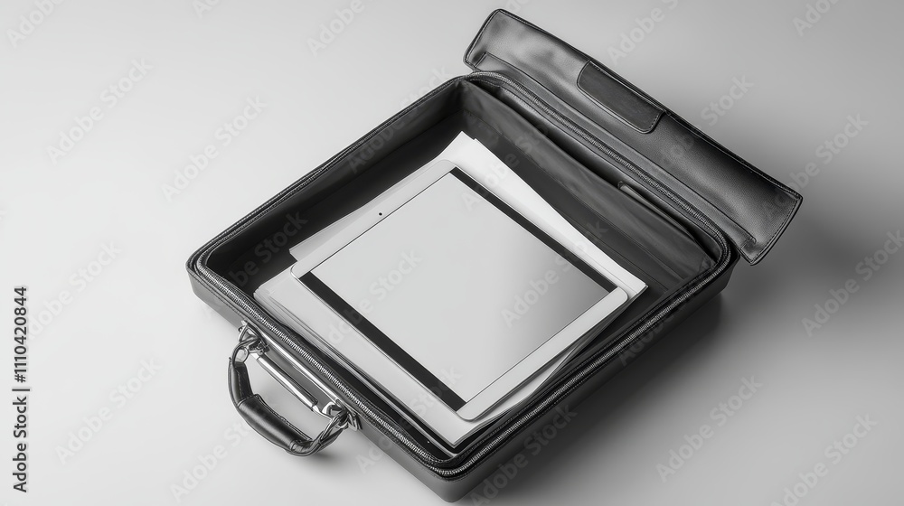 A sleek black briefcase containing documents and a tablet, suggesting a professional setting. A sleek black briefcase containing documents and a tablet, suggesting a professional setting.
