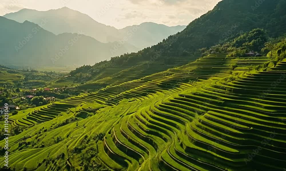 Verdant Rice Terraces Cascading Down Mountain Slopes in Southeast Asia Verdant Rice Terraces Cascading Down Mountain Slopes in Southeast Asia