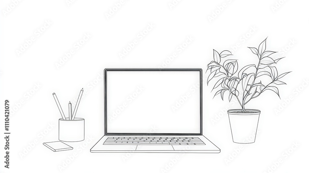 Minimalist Workspace with Laptop and Indoor Plant on White Background Minimalist Workspace with Laptop and Indoor Plant on White Background