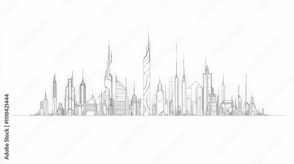 Fototapeta premium Detailed Line Art of Modern City Skyline in Black and White Style