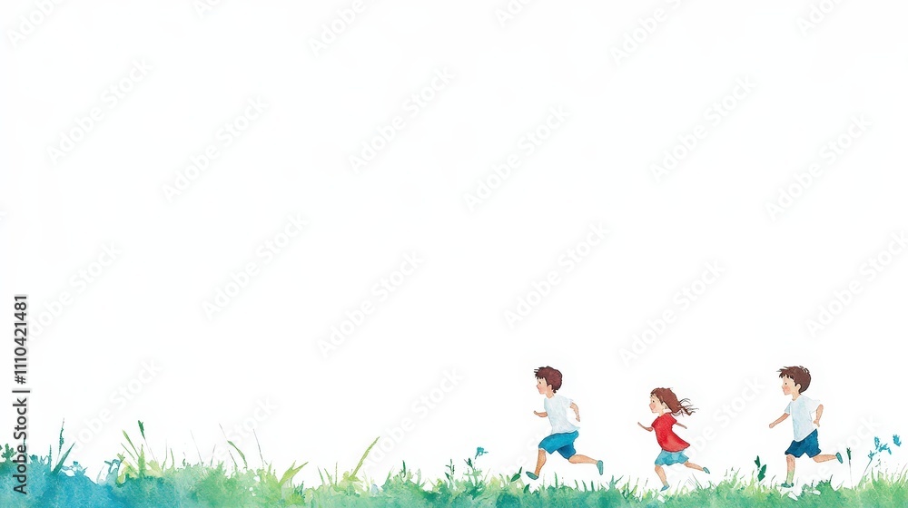 Fototapeta premium Children Playing in a Lush Green Field, Joyful Summer Day