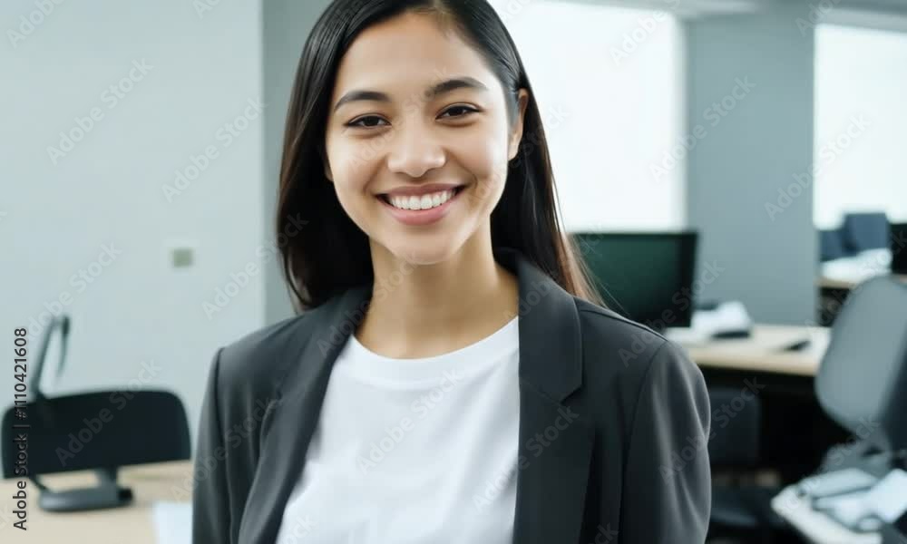 Woman walking through the office with a smile on her face Woman walking through the office with a smile on her face
