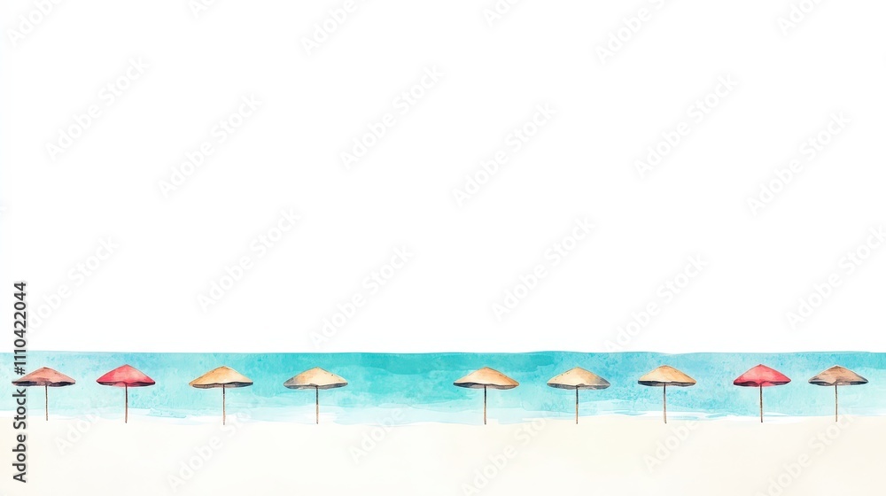 Obraz premium Colorful Beach Umbrellas on Sandy Shore with Clear Blue Water