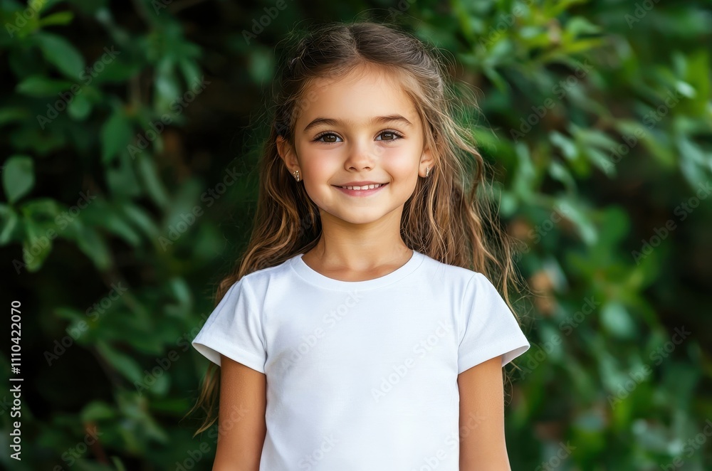 Smiling girl in a white t-shirt standing in lush green foliage. Smiling girl in a white t-shirt standing in lush green foliage.